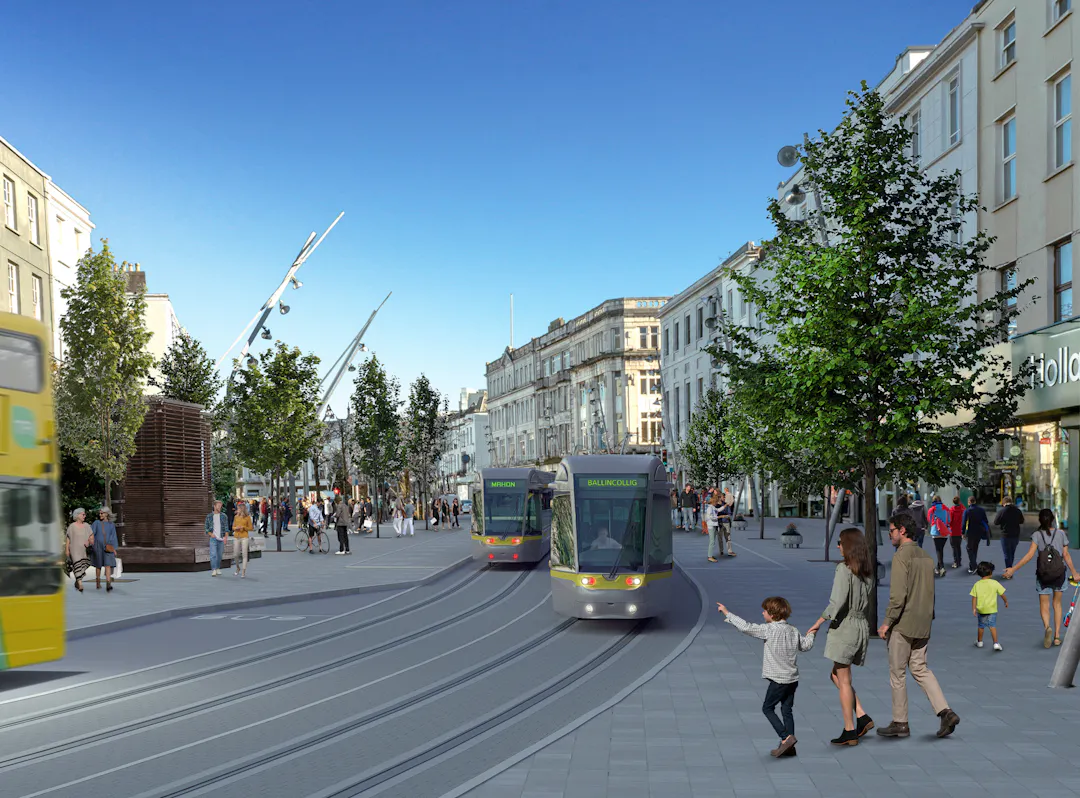Montage showing future view Luas Cork tram on St Patrick's Street, Cork