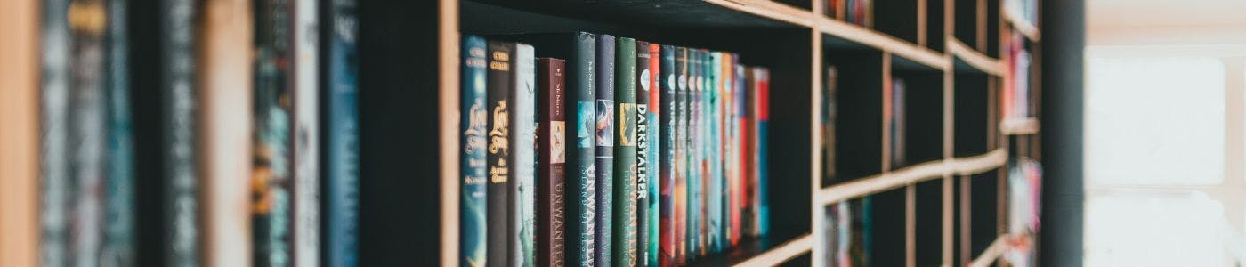 Photo of library bookshelves.