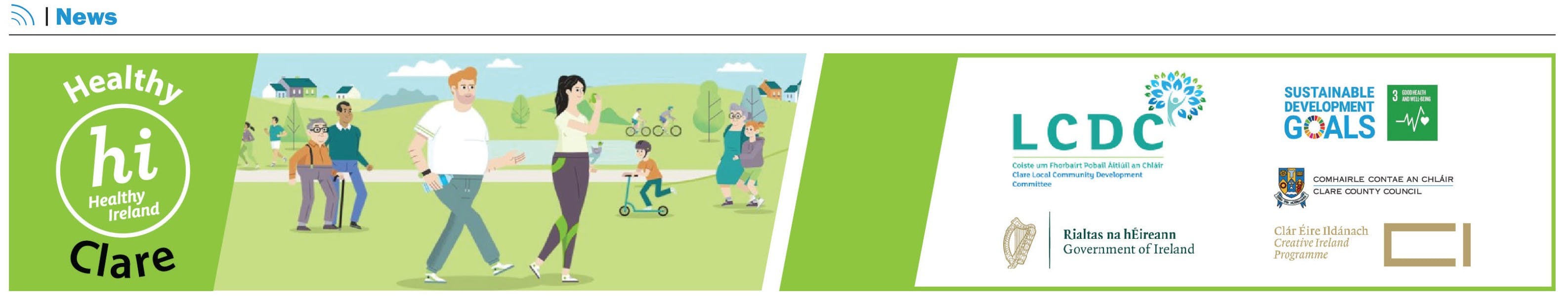Healthy Clare Logo on the left with animated people moving through the park enjoying nature. Other logos on the right 