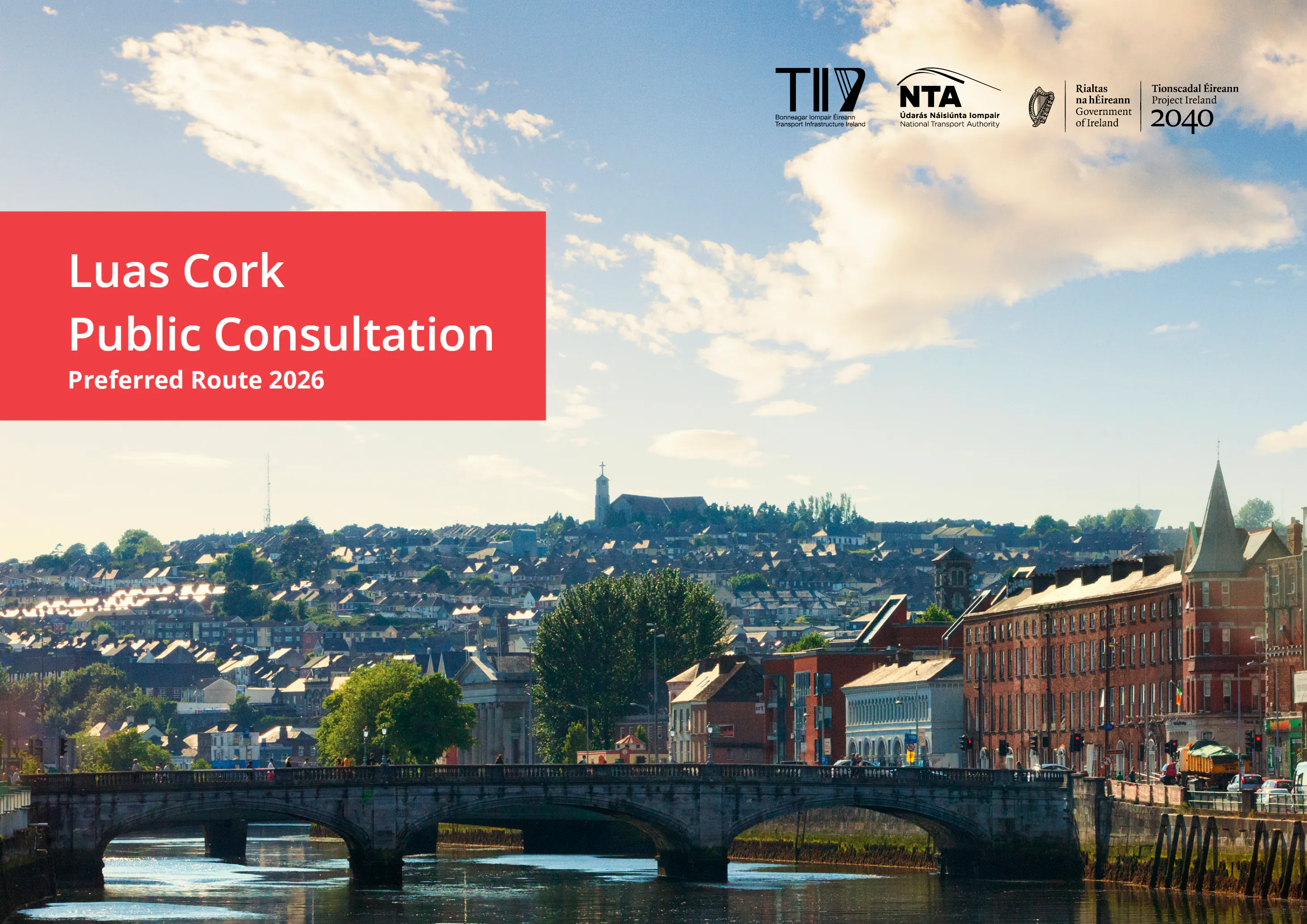 View of Cork city with banner Luas Cork Public Consultation